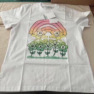 NWT Ganni Relaxed Rainbow Short Sleeve White Cotton T-shirt T3429 Size Small